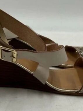 Coach Taupe and Brown Wedge Slingback Sandals with Gold Buckle